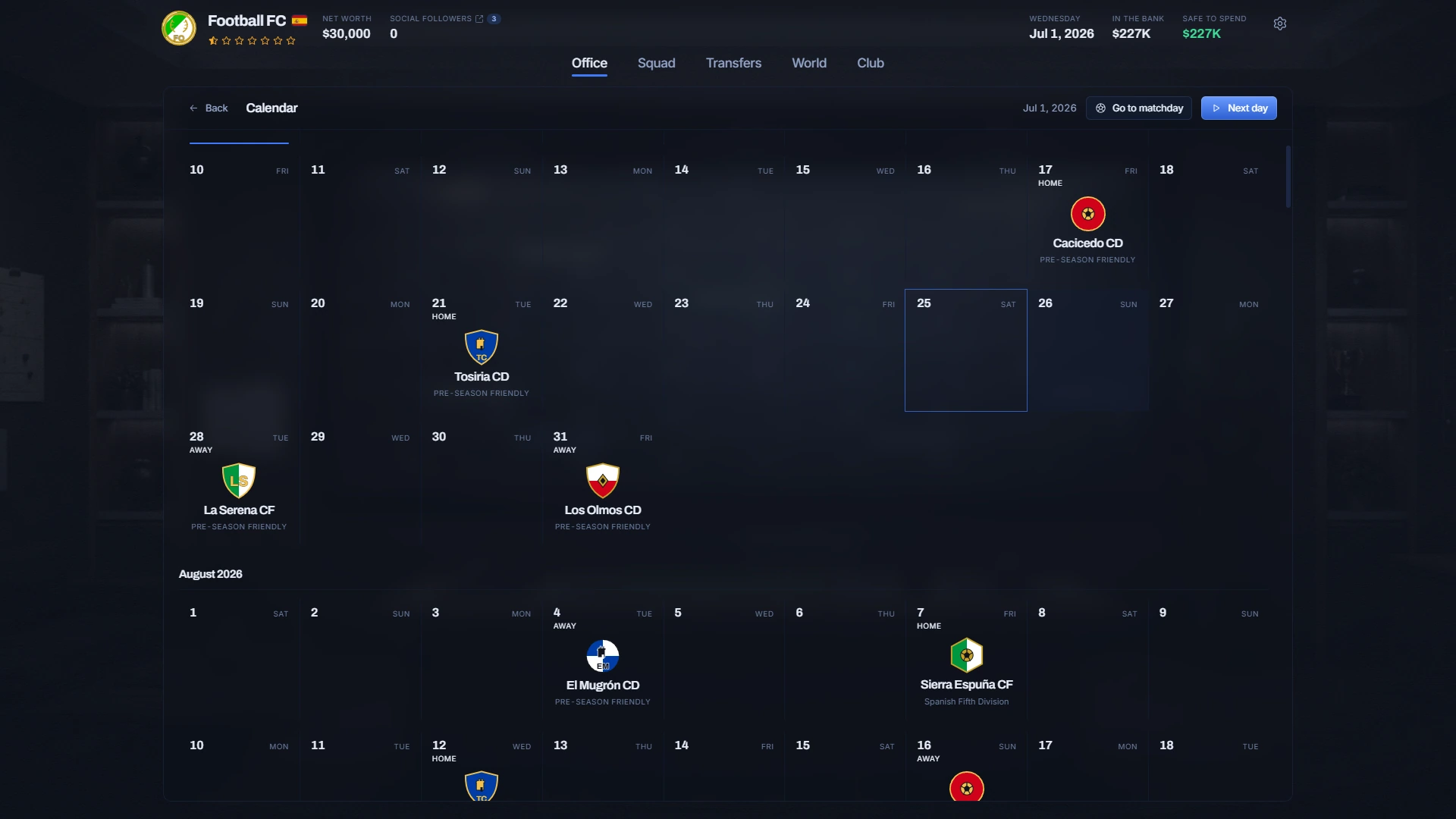 The calendar. Friendlies, fixtures and the next day button — the whole season laid out in front of you.