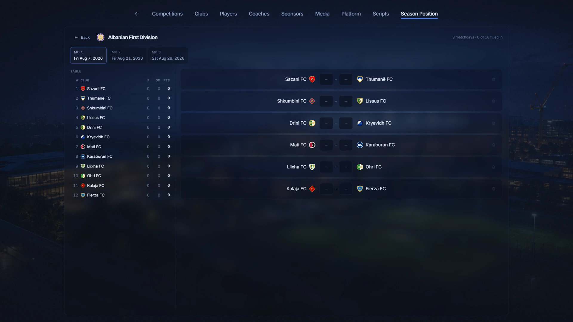 The editor: competitions. Tables, matchdays and fixtures for any competition, edited before the save begins.