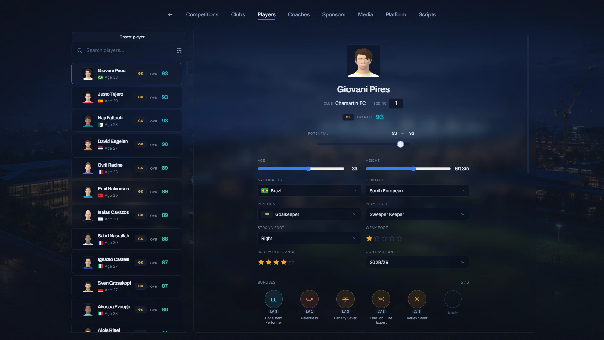 The editor: players. Every player in the database is editable — rating, potential, play style, contract, bonuses.