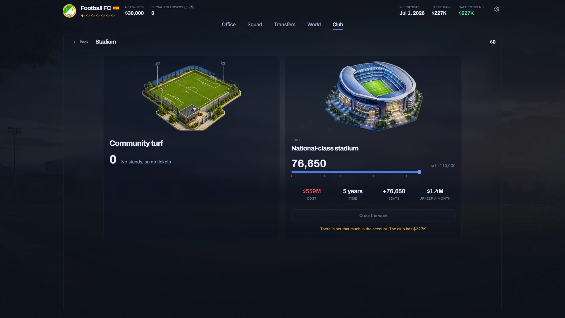 The stadium. A ground with no stands sells no tickets. Building one costs money, years, and upkeep every month after.