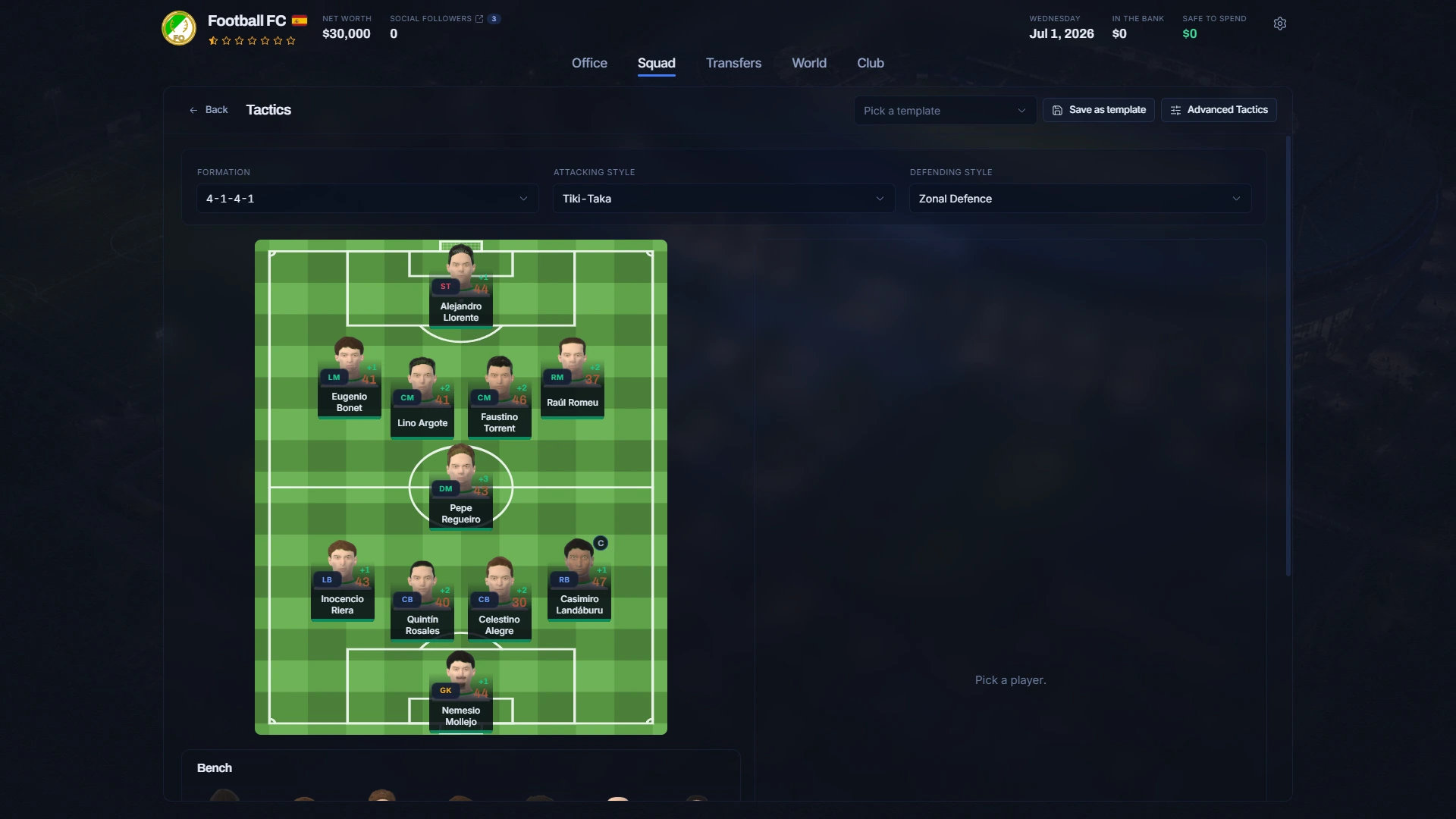 Tactics. A formation, an attacking style, a defending style — and the eleven who have to play it.